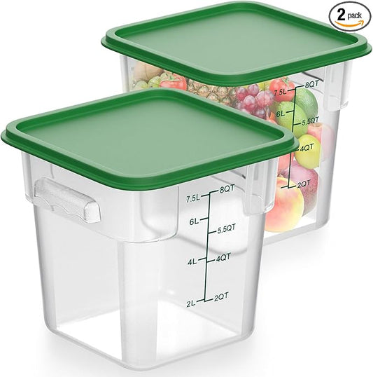 2 Pieces Square Food Storage Containers Polycarbonate Clear food Container with Lid Commercial Storage with Graduations for Commercial Kitchen Dough Marinating Meat(Green, 8 Qt)