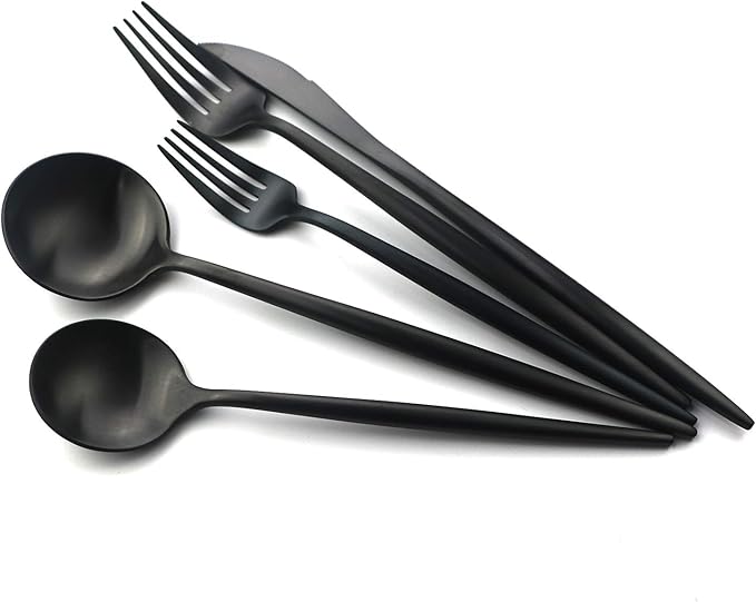 Gugrida 24-Piece Matte Black Handle 18/10 Stainless Steel Silverware Set, Titanium Black Cutlery, Flatware Set for Home & Restaurant, Dishwasher Safe