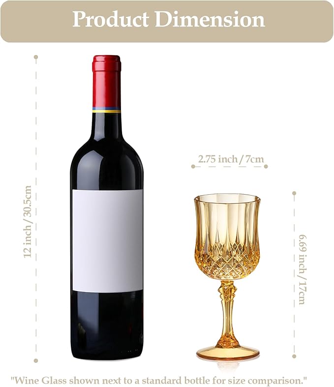 XUWAIDSGN 16 Pcs 7oz Plastic Vintage Wine Glasses Drinking Glasses Unbreakable Wedding Glassware Crystal Water Goblets Reusable Drinkware Vintage Champagne Flutes (16, Amber)