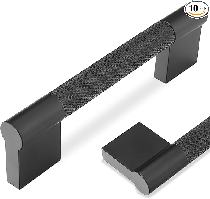 10 Pack 3-3/4 inch(96mm) Matte Black Kitchen Cabinet Handles Knurled Cabinet Pulls Black Drawer Pulls Kitchen Hardware