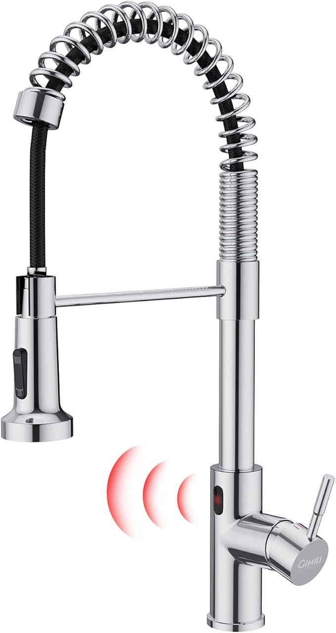 GIMILI Chrome Touchless Kitchen Faucet with Pull Down Sprayer, Motion Sensor Smart Hands-Free Activated Single Hole Spring Faucet for Kitchen Sink