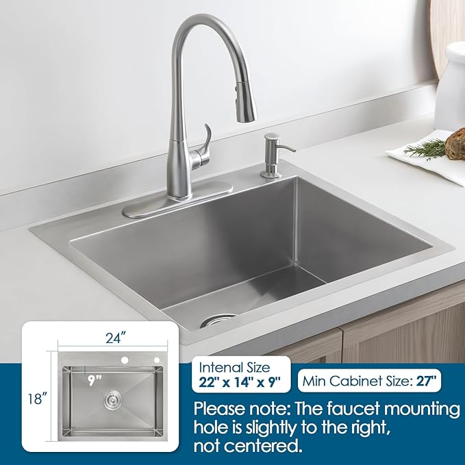 ROVOGO 24 inch Kitchen Sink Drop in, 304 Stainless Steel Single Bowl Top Mount, 9 inch Deep Modern Sink for Kitchen, Brushed, 24"x18"x9"