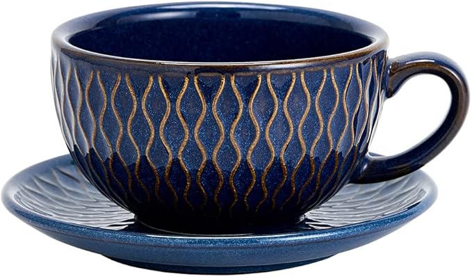 Vintage Design 12 oz Ceramic Latte Art Cappuccino Barista Cup with Saucer (Embossed Blue)