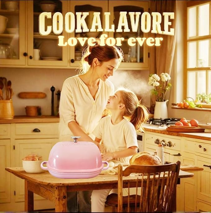 Cast Iron Bread Oven,6 QT Bread Oven,Thick Enameled Loaf Pan with Lid,Bread Pans for Homemade Bread,14.5"Dutch Oven for Bread Baking,Dutch Oven-with Silicone Baking Mat&Recipe,Gifts for Family,Pink