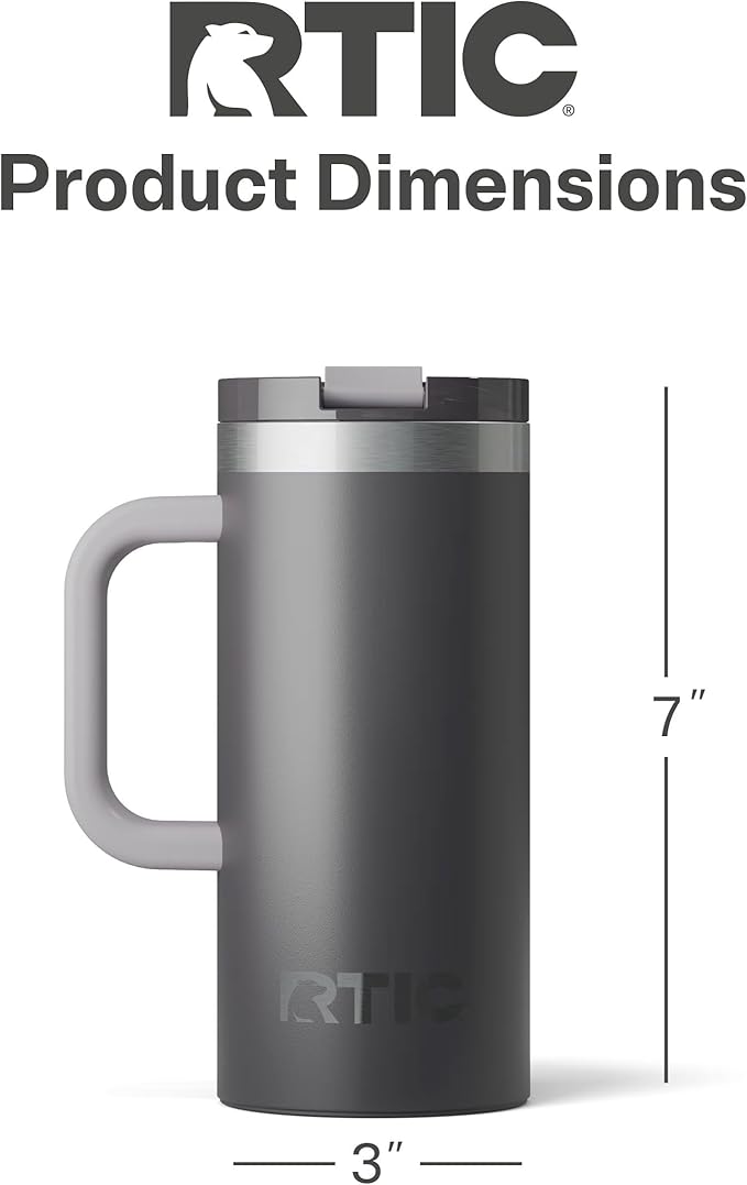 RTIC 16oz Road Trip Travel Mug with Lid and Handle, Ceramic Lined, Insulated, Stainless Steel, Metal, Double Wall Vacuum-Insulation, Portable Coffee, Tea Cup for Hot and Cold Drink, Graphite