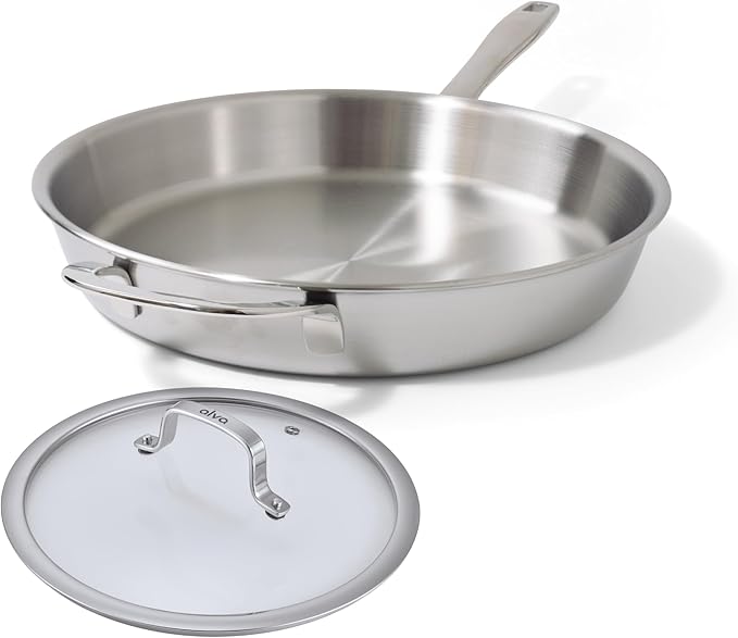 Alva Maestro 11" 5-Ply Stainless Steel Frying Pan & Glass Lid – Made Without PTFE/PFOA/PFAS, Non-Toxic & Oven Safe Cookware – Induction Compatible, Even Heat Distribution, Ergonomic Stay-Cool Handle
