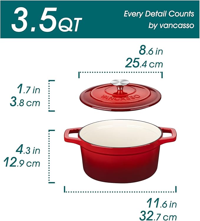 vancasso Enameled Cast Iron Dutch Oven with Lid, 3.5 QT Small Round Enamel Dutch Oven Pot for Bread Baking, Non Stick Enamel Coating, Red