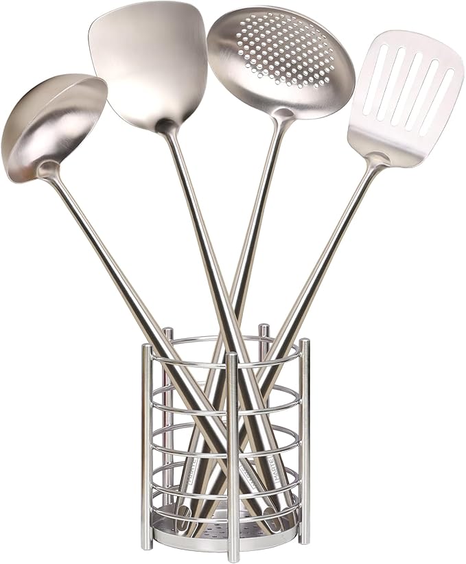 MARTE Kitchen Cooking Utensils Set, 5 Pcs Stainless Steel Cooking Kitchen Utensils Spatula Set with Holder, Heat-Resistant Spatula and Ladle Skimmer Turner Tool Set，Dishwasher Safe & BPA Free