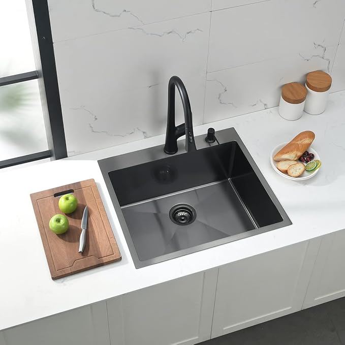 25 Inch Black Drop In Kitchen Sink, Doirteal 25 x 22 x 10 Inch Matte Black Bar Sink Topmount 16 Gauge Stainless Steel Single Bowl Kitchen Sinks Single Basin with Bottom Grid