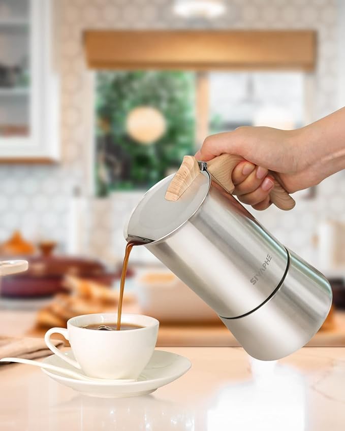 Sivaphe Stovetop Espresso Maker Stainless Steel 9 Cups, Induction-Capable Mocha Pot 450ml, Coffee Percolator with Replacement Silicone Gasket Steel Filter and Instructions (1 Cup=50ml)