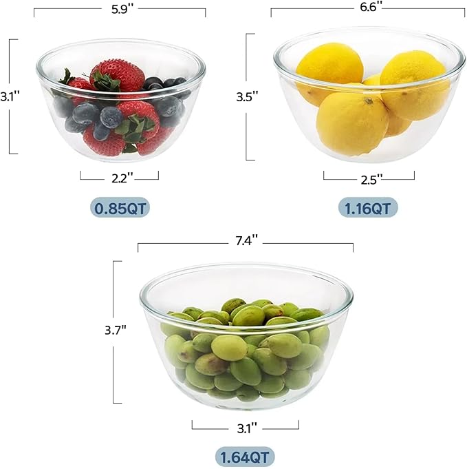 3pc Glass Mixing Bowls Sets (1.64QT, 1.16QT, 0.85QT), Nesting Mixing Bowls for Cooking Prep, Baking, Storage, Large Salad Bowls Sets-Dishwasher Microwave Freezer Safe