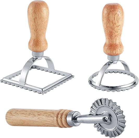 Ravioli Maker Stamp Cutter with Roller Wheel Set, Pasta Maker Mold with Wooden Handle and Fluted Edge, Ravioli Cutter and Press Stamp – for Pasta, Dumplings Lasagna, Pierogi (3 Set with Cutter)