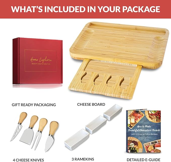 Home Euphoria Large Bamboo Charcuterie Board and Knife Set - Cheese Board with Bowls, Beautiful Gift for Mom