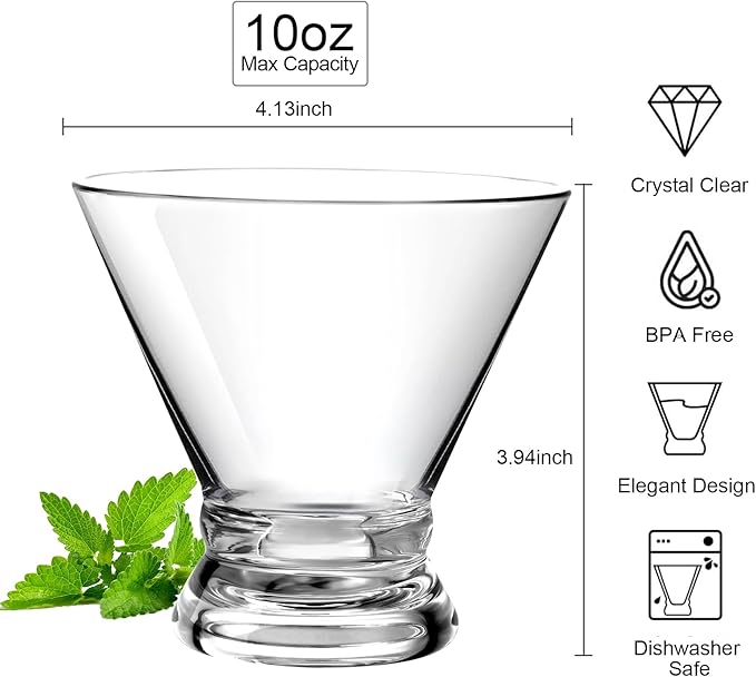 BELLAFORTE Stemless Plastic Martini Glasses Set of 4, 10oz Unbreakable Tritan Cocktail Glasses, Dishwasher Safe Dessert Cups, Crystal Clear Reusable Cocktail Glassware for Indoor & Outdoor Use