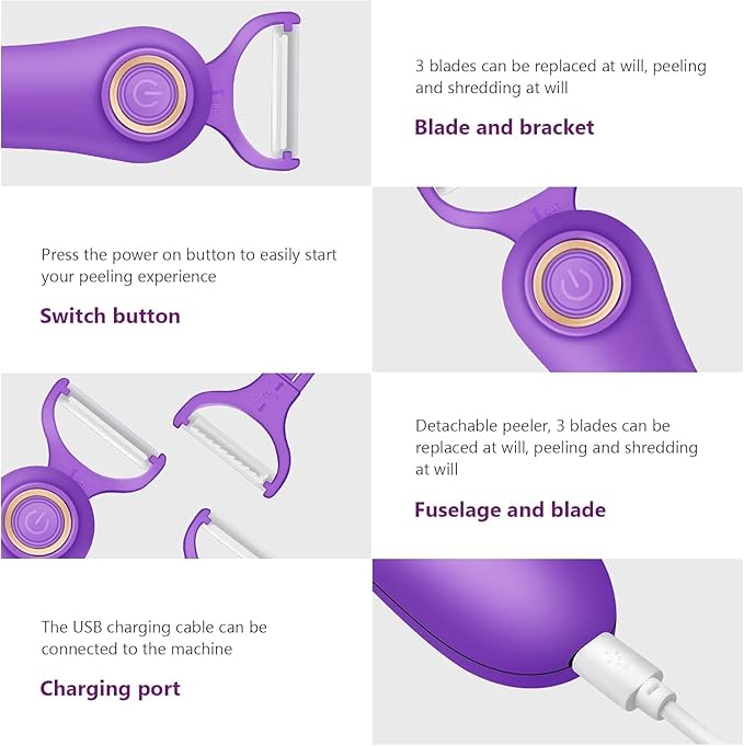 3-in-1 Electric Peeler | Auto Blade for Fruits/Vegetables | 3 Interchangeable Blades | Type-C Charging,Battery Capacity 1500 mAh | Kitchen, Travel, Camping