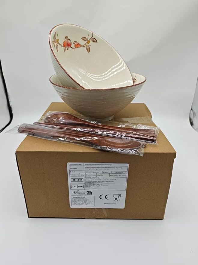 2 x 40 OZ ceramic ramen bowls, 8 IN large Japanese noodle soup bowl, match chopsticks and spoons, suitable for Pho, Udon Asian noodles (Flowers and birds 2 set)