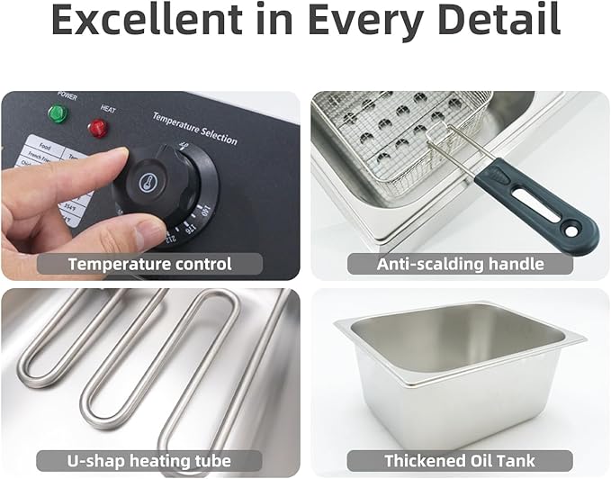 Electric Deep Fryer 10L/10.5QT Stainless Steel Single Tank Commercial Fryer with Basket, 1700W 110V Countertop Deep Fryer for Home Kitchen and Restaurant Use with Oil Thermometer & Temperature Control