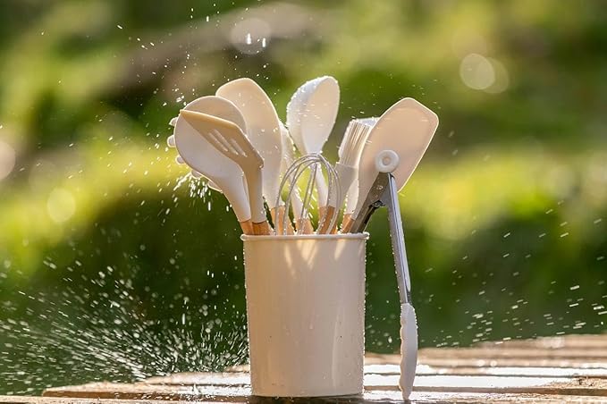 Silicone Kitchen Utensil Set - 11 pcs Heat Resistant Non-Stick Cooking Tools with Wooden Handles