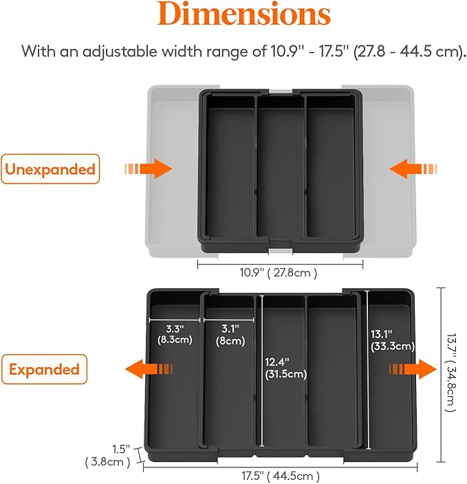 Lifewit Cooking Utensil Drawer Organizer, Expandable from 11 to 18 inches, Adjustable Cutlery Silverware Tray, Plastic Flatware Spatula Holder, Kitchen Tools Gadgets Storage Divider, Black
