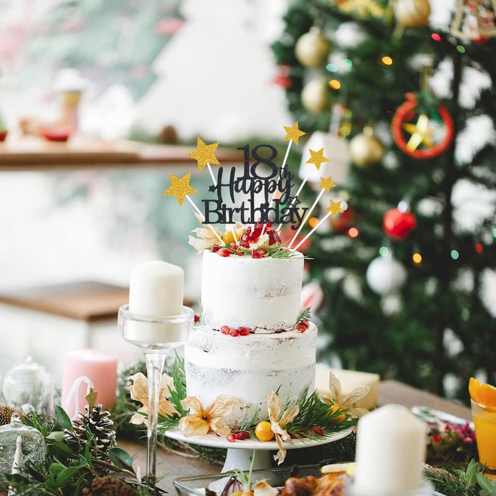 Glittery 18th Happy Birthday Cake Topper with Star,Personalised 18 Birthday Cake Toppers Party Decorations Party Supplies for Boys Girls Black Gold