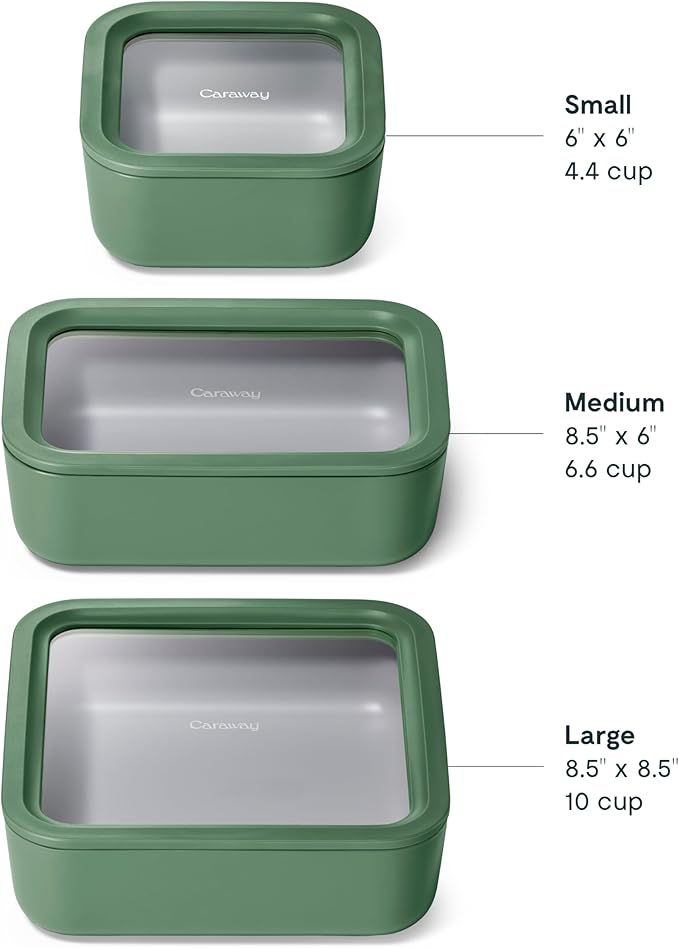 Caraway 3pc Glass Food Storage Set – 10 Cup, 6.6 Cup, & 4.4 Cup Food Containers - Ceramic Coated - Non Toxic Non Stick Lunch Box with Glass Lids - Dishwasher, Oven, & Microwave Safe - Sage