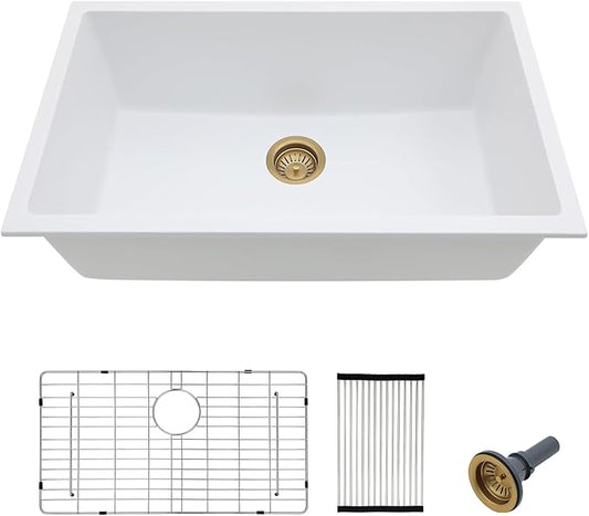 33 Granite Composite Kitchen Sink - Fulorni 33"×19" Granite Kitchen Sink Undermount White Quartz Classic Under Counter Single Bowl Sink Basin