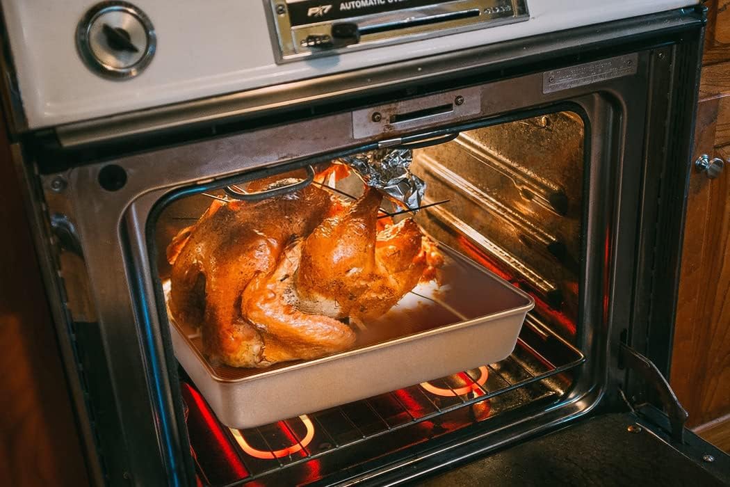 KitCom Bakeware Nonstick Carbon Steel Roaster with Flat Rack and V-Rack, 0.8MM Thickness Textured Base, Champagne Gold