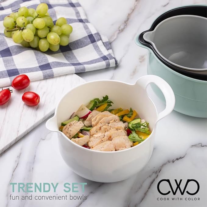 COOK WITH COLOR Nesting Plastic Mixing Bowl Set with Pour Spouts and Handles, Mint, Black and White, 4 Piece