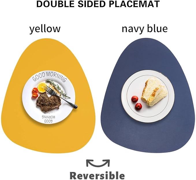 Faux Leather Placemats Set of 6 Waterproof,Round Reversible PU Placemat for Dining Table,Heat Resistant Wipeable Anti Slip Table Mats,Modern Table Protectors(Navy Blue and Yellow)