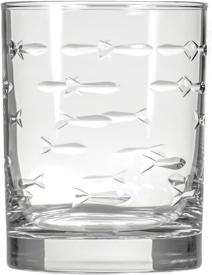 Rolf Glass School of Fish 13 oz Double Old Fashioned Whiskey Cocktail Glass | Set of 2 | Engraved Lead-free Tumbler Glasses | Made in the US