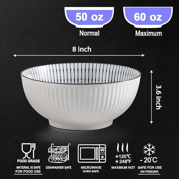 Houlu 60 oz Pho Bowls, Large Soup Bowl, Japanese Ramen Bowl Set, 8 inches Big Porcelain Bowls Set of 3, Striped Pattern