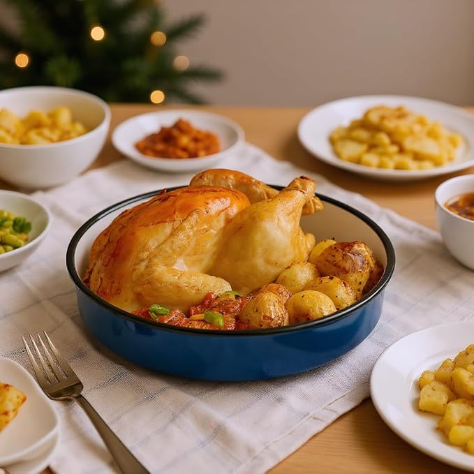 Enamel Large Roasting Pan 12.6 Inch Blue Baking Pan for Turkey Chicken Vegetables Round Cake Pan Dishwasher Safe Heavy Duty Bakeware With 2.4 Inch Depth Oven Broiler & Stovetop Safe