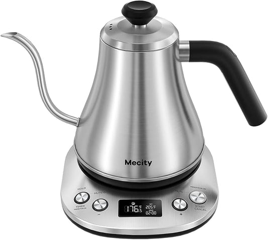 Mecity Electric Gooseneck Kettle With LCD Display Automatic Shut Off Retro Coffee Kettle Temperature Control Hot Water Boiler to Pour Over Tea, 1200 Watt Quick Heating Tea Pot, 0.8L, Stainless Steel