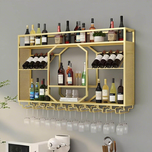Wall Mounted Wine Rack, 3-Tiers Metal Bar Bottle Holder, Modern Wine Glass Storage Display Shelves, Wall Wine Rack for Kitchen Bar Dining Rooms Decoration ﻿ (Gold, 63in/160cm)