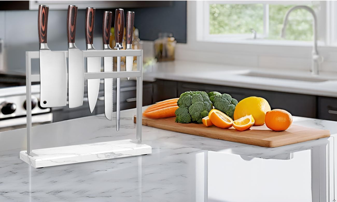 Magnetic Knife Stand Block with Marble Base, Double-sided Stainless Steel Magnets for Countertop, Magnetic Knife Holder for Kitchen Storage, 12 IN, White