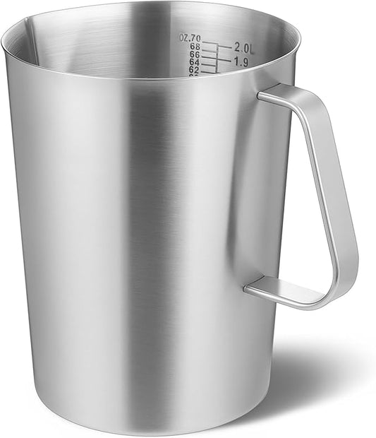 Stainless Steel Measuring Cup with Handle and Pour Lip, 2000ml 70OZ Metal Pitcher with Oz And ML Marking, Heavy-Duty Milk Frothing Jug for Coffee Latte Art, Commercial and Home Kitchen