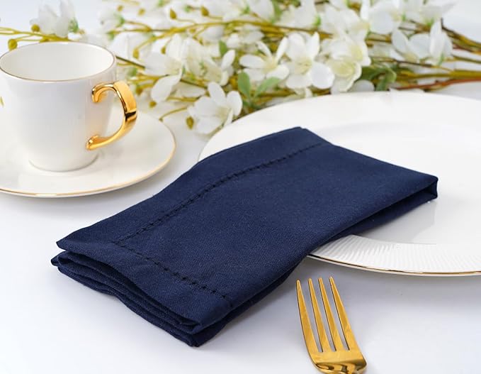 Blue Needles Set of 6 Hemstitch Linen Napkins 100% Cotton Navy Blue Cloth Dinner Napkins 18x18 inches, Soft, Reusable, Absorbent, Washable, Ideal for Fall Thanksgiving Events, Parties & Everyday Use
