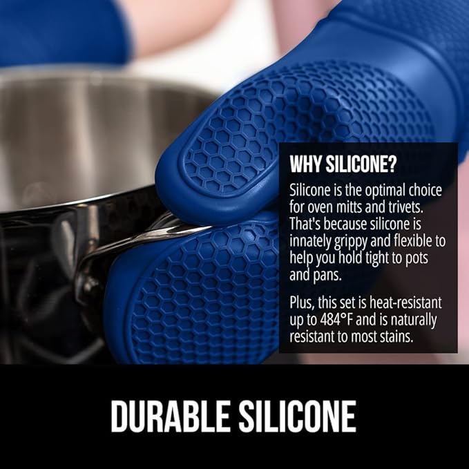 GORILLA GRIP BPA-Free Soft Silicone Oven Mitts and Pot Holders Sets of 4, Heat Resistant Waterproof Cooking Gloves, Thick Cotton Lining, Flexible Gripping for Baking Grilling, Kitchen Trivets, Blue