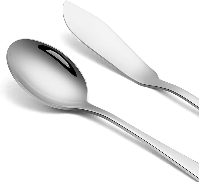 SHARECOOK 5-Piece 18/0 Stainless Steel Serving Set,Large Hostess Set with Round Edge,Mirror Finished,Dishwasher Safe -Spoons, Forks,Butter Knife& Slotted Spoon(Serving set, Silver)