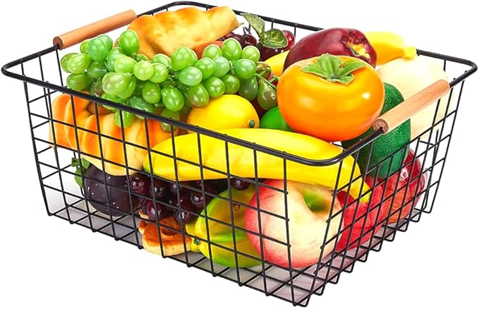 LeleCAT Large black wire baskets for Organizing with Wooden Handles for storage pantry, Storage Organizer Baskets, Household Snack Basket for Cabinets, Closets, Bedrooms, kitchen - Set of 2（Black）