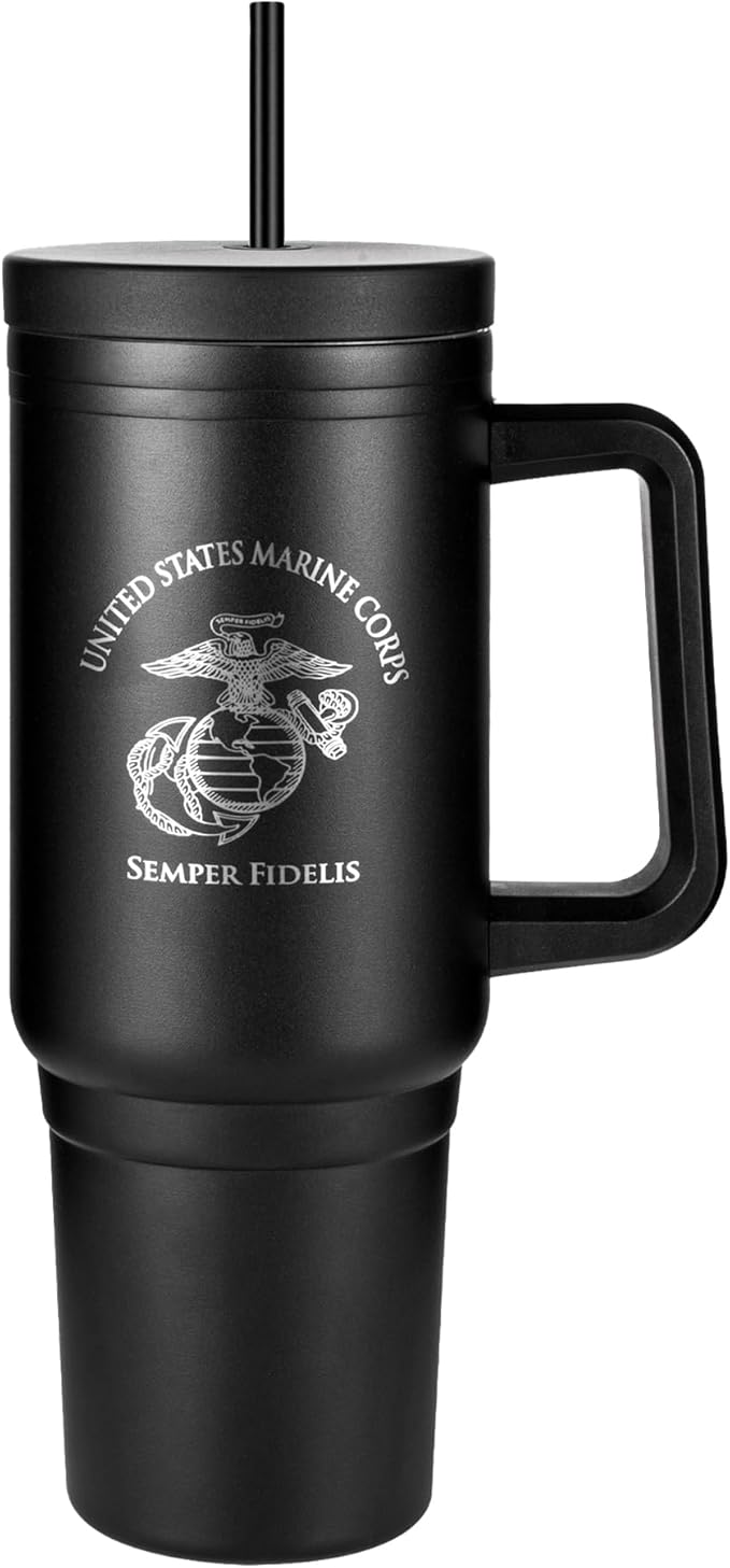 40oz Insulated Marine Corps Tumbler with Handle, Lid & Straw - USMC Gifts - Use for Water, Tea, Coffee & More-Disabled USMC Vet | USMC 40oz Tumbler