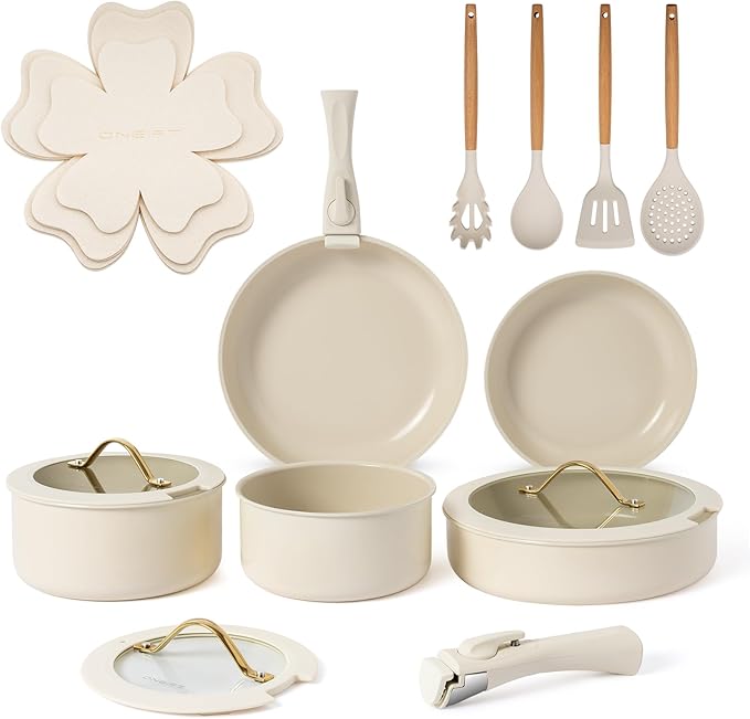 20pcs Ceramic Cookware Set Nonstick, Detachable Handle Pots and Pans Set, RV Kitchen Set Removable Handle for Cooking, Non Toxic, No PFAS & PTFE & PFOA, Dishwasher/Oven Safe, Cream White