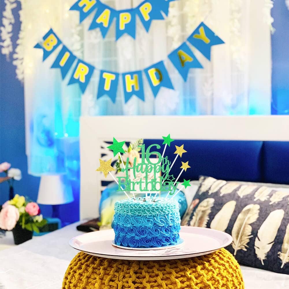 Glittery 16th Happy Birthday Cake Topper with Star,Personalised 16 Birthday Cake Toppers Party Decorations Party Supplies for Boys Girls Green Gold