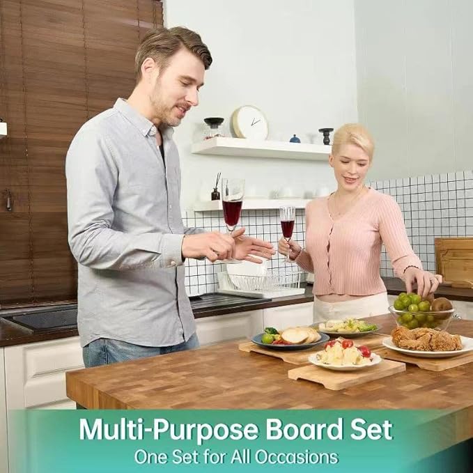 Bamboo Cutting Boards for Kitchen, Wood Cutting Board with Holder, Bamboo Cutting Board Set Reversible with Juice Grooves for Meat Cheese Fruit and Vegetables (Four Piece Set)