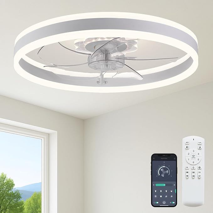 23.6'' Ceiling Fan with Light, Upgraded Low Profile Fan, Flush Mount Ceiling Fan, 6 Speeds, Dimmable LED, App & Remote Control, Quiet DC Motor, for Bedroom, Living Room, F105 White