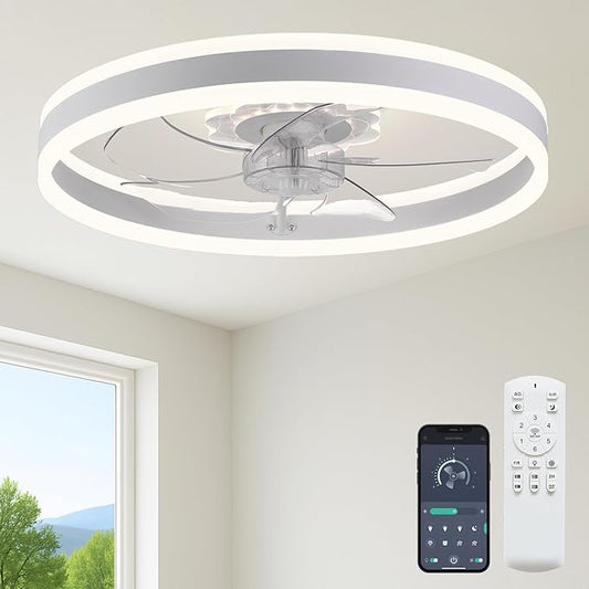 23.6'' Ceiling Fan with Light, Upgraded Low Profile Fan, Flush Mount Ceiling Fan, 6 Speeds, Dimmable LED, App & Remote Control, Quiet DC Motor, for Bedroom, Living Room, F105 White
