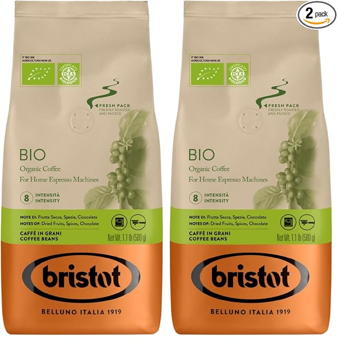 Bristot Bio Organic Italian Espresso Beans | Italian Whole Beans | Medium Roast | 1.1lb/500g (Pack of 2)