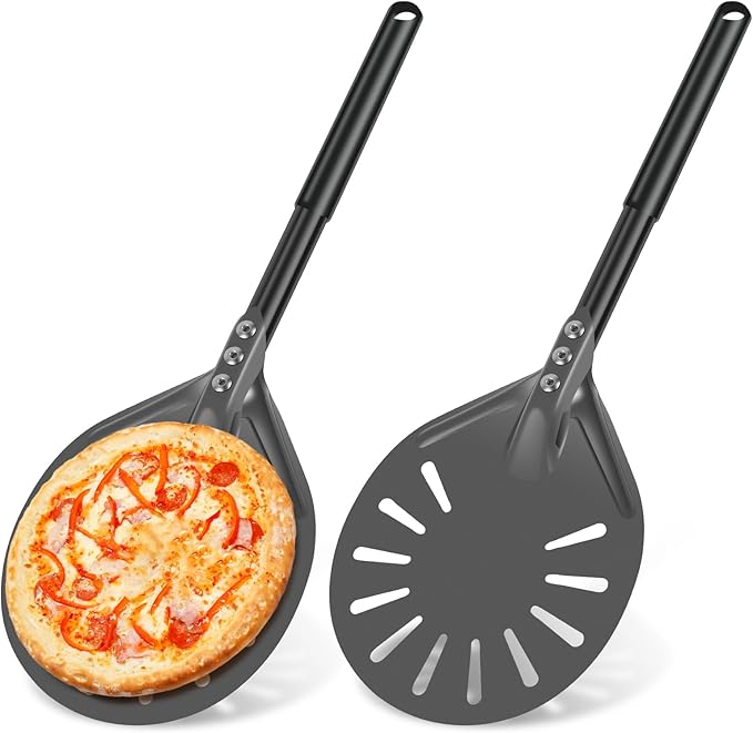 2Pcs Pizza Turning Peel with Long Handle Aluminum Pizza Peel Spinner Perforated Pizza Turner Spinner Non-Stick Pizza Paddle 15.7×5.9×8.46 Inch Scratch Resistant Pizza Peel Paddle for Home Oven