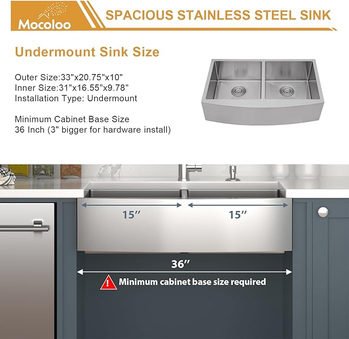 Mocoloo Stainless Farmhouse Kitchen Sink - 33x20 Inch Undermount Double Bowl Kitchen Sinks 16 Gauge Stainless Steel 50/50 Apron Farm Kitchen Sinks, 10 Inch Basin