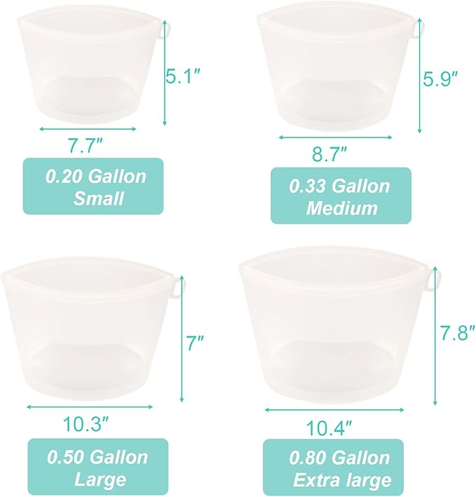 Reusable Silicone Food Storage Bags 4-Pack with 1 Sandwich, 1 Lunch, 1 Half-Gallon and 1 Gallon, Multi-Use & Sous Vide Stand-Up Container for Soup and Leftovers, Microwave, Dishwasher and Freezer Safe